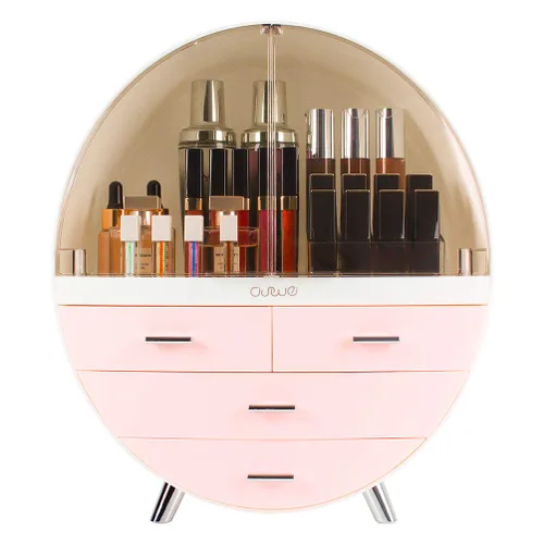 Vista 8 de Elegante caja organizadora de maquillaje a prueba de polvo, organizador de cosméticos mediano impermeable con cajones para cuidado de la piel