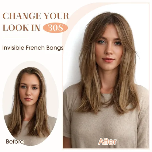 Vista 2 de Hairro Extensiones de flequillo lateral ondulado con clip, 100% cabello humano, 2 piezas con clip en la parte media, flequillo francés, lados