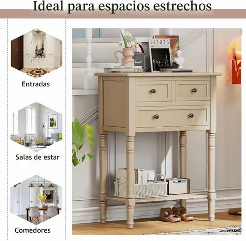 Vista 7 de P PURLOVE Mesa consola estrecha antigua, mesa de entrada delgada para sofá con 3 cajones de almacenamiento para sala de estar, entrada Beige