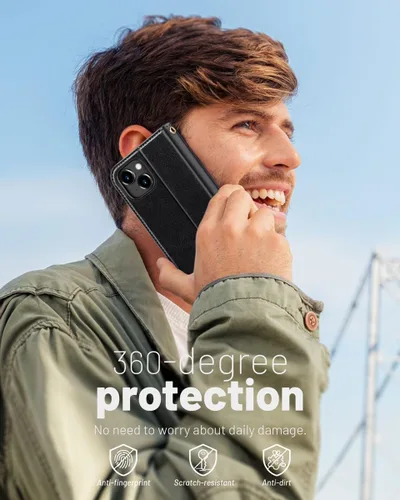 Vista 7 de OCASE Funda tipo cartera compatible con iPhone 15 Plus, de piel sintética, con tarjetero, bloqueo RFID, soporte para teléfono