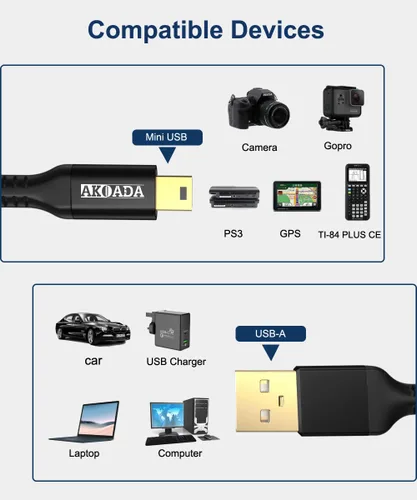 Vista 2 de AkoaDa Cable mini USB de 10 pies, paquete de 2 cables USB 2.0 tipo A a Mini B, cable de carga trenzado compatible con GoPro Hero 3+, controlador