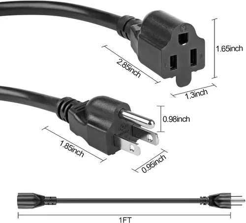Vista 3 de VSEER Cable de extensión resistente de 1 pie 1875 W 15 A, protector de salida de 3 puntas, 14 AWG, cable de extensión de alimentación corto, negro
