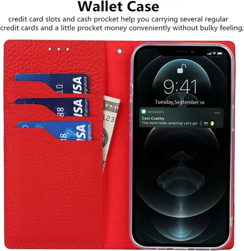 Vista 4 de iCoverCase Compatible con iPhone 13 Pro Max, funda magnética de piel auténtica con bloqueo RFID, correa para la muñeca y ranuras para tarjetas, Rojo