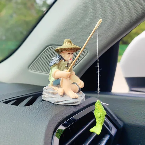 Vista 8 de Lindos adornos de coche de pesca para salpicadero, decoración de tablero de instrumentos de coche de peces oscilantes, divertida decoración de coche