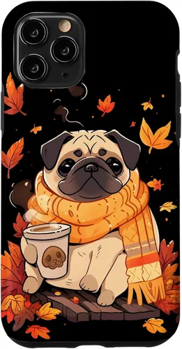Vista 29 de Pug - Carcasa Kawaii para iPhone 17, diseño de hojas de otoño y calabaza