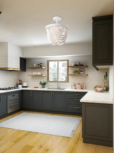 Vista 3 de Candelabro blanco pequeño con cuentas de madera, lámpara de techo semiempotrada, 3 lámparas bohemias para dormitorio, cuarto de bebé, sala de estar