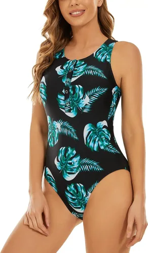 Vista 4 de MakyeAme Traje de baño de una pieza con botones para mujer, con control de abdomen, cuello ajustable, torso largo, brasier integrado