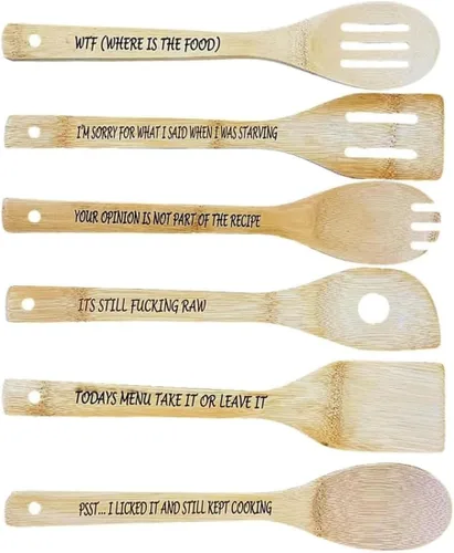 Vista 8 de Divertido juego de cucharas de madera, 6 cucharas de madera para reproducir, cuchara de café de madera grabada con frases divertidas, cucharas
