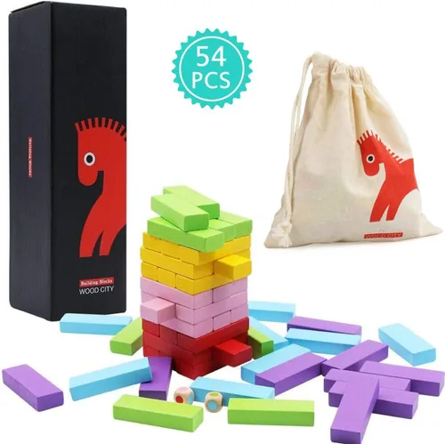 Vista 9 de Gentle Monster Juegos de mesa apilables coloridos de madera, bloques de construcción para niños y niñas, 54 bloques de equilibrio de madera, juguete