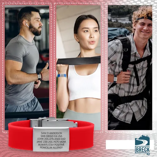 Vista 4 de Pulsera de alerta médica PRO personalizada - Identificación de silicona roja para hombres y mujeres