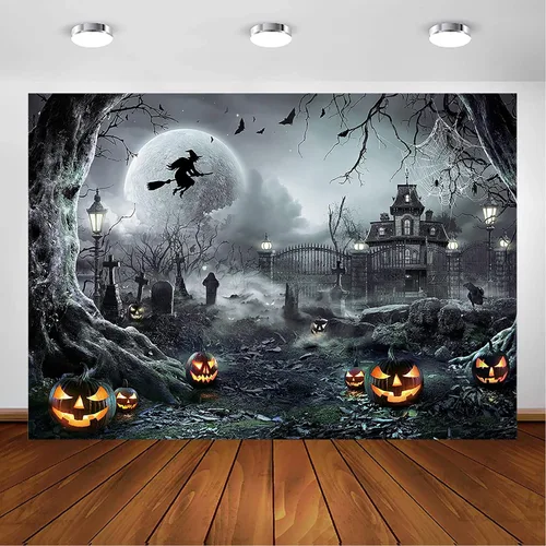 Vista 12 de Avezano Telón de fondo para fotografía de Halloween, luna llena, noche aterradora, castillo, calabazas, fondo de fiesta, espeluznante, bruja, Azul