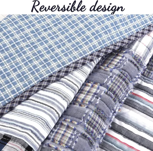 Vista 4 de Juego de ropa de cama de algodón con retazos reales a rayas azul marino, colcha reversible, colcha (Denim, Queen, 3 piezas)