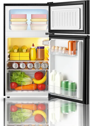 Vista 2 de Saeoola Mini refrigerador con congelador, 3.2 pies cúbicos, mini refrigerador compacto de 2 puertas con congelador separado para dormitorio