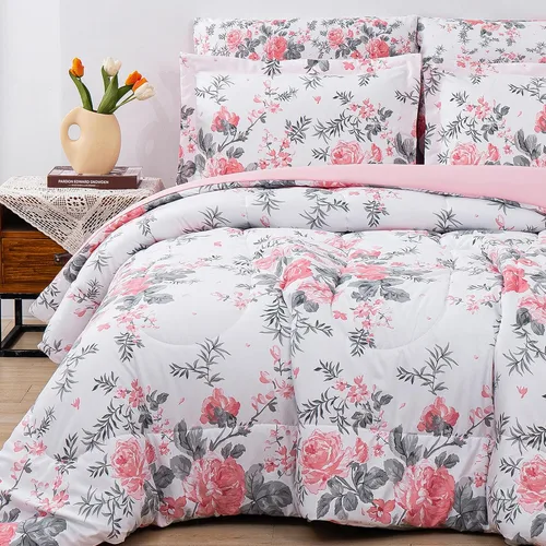 Vista 13 de lasoftan Juego de edredón floral Queen con sábanas, ropa de cama vintage de lujo de 7 piezas, ropa de cama de microfibra suave en una bolsa, juego