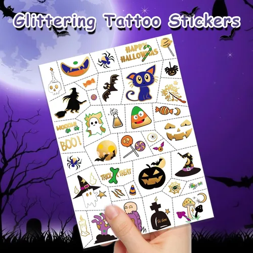 Vista 3 de Tatuajes temporales de Halloween para niños, calabaza, fantasma, bruja, regalos de fiesta de Halloween para niños o niñas, 126 piezas de tatuajes