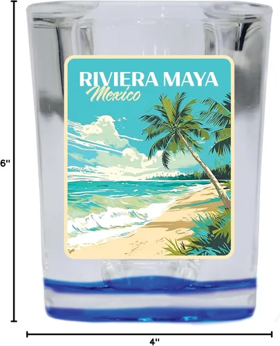 Vista 3 de Riviera Maya Mexico Design C Souvenir - Vaso de chupito cuadrado de 2.5 onzas, base azul, paquete de 2