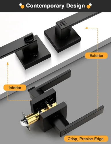 Vista 8 de Gobrico 1 paquete de manijas cuadradas de privacidad para puerta en acabado negro mate, manijas interiores sin llave, reversibles para puertas