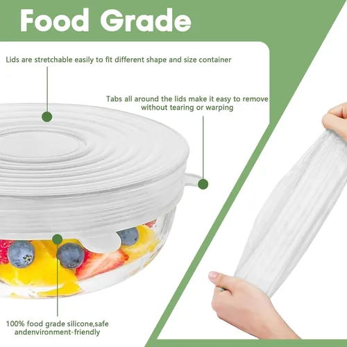 Vista 6 de Tapas elásticas de silicona reutilizables para almacenamiento de alimentos – Cubiertas elásticas para tazones que se ajustan a contenedores redondos