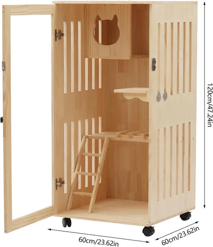 Vista 2 de Casa grande de madera para gatos de 2 pisos, refugio cómodo, multifunción, condominio para gatos, plataformas con ruedas
