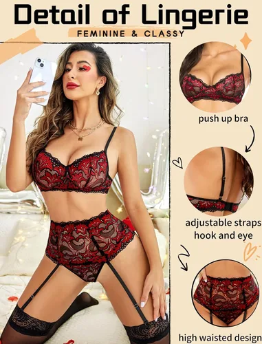 Vista 3 de Avidlove - Conjunto de lencería para mujer de cintura alta, lencería con cinturón, lencería