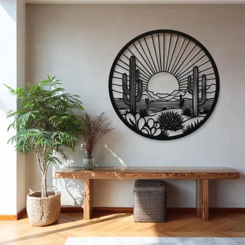Vista 6 de Arte de pared de metal de cactus del desierto, decoración de pared redonda del desierto con diseño de cactus y puesta de sol, arte de pared de metal