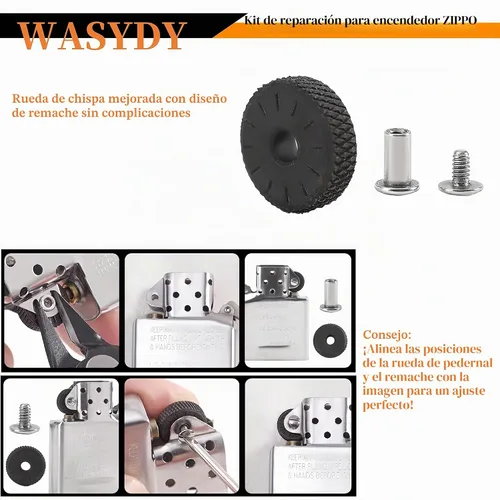 Vista 4 de Kit de reparación de encendedor, juego de pedernal y mecha compatible con encendedores Zippo, piedras de pedernal, mecha de algodón de cobre