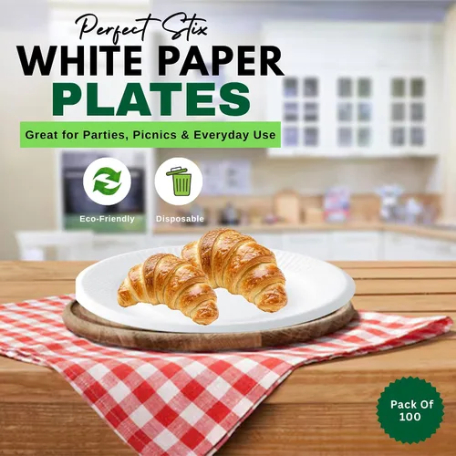 Vista 3 de Perfect Stix Plato de papel de 6 pulgadas, color blanco, paquete de 100 platos.