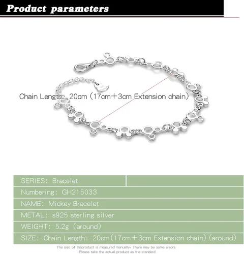 Vista 3 de Pulsera de Mickey de moda para mujer, de plata de ley 925, ajustable, regalo de cumpleaños, para mujeres, esposa, niñas, ella, Plata de ley