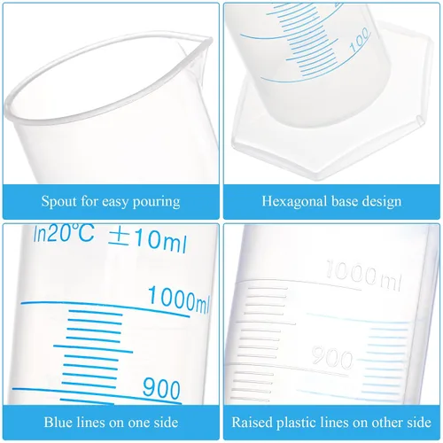 Vista 3 de Bekith Paquete de 4 cilindros graduados de plástico de 33.8 fl oz con base estable, cilindro de medición de plástico de 2 caras, cilindro
