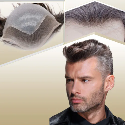 Vista 25 de Peluca de cabello humano europeo de repuesto para hombre, encaje suizo frontal, 0.003 in, piel fina, poliuretano, con bucle, 10 x 8 pulgadas
