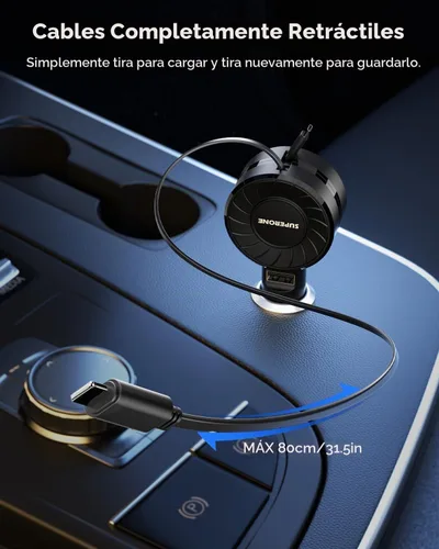 Vista 6 de SUPERONE Cargador retráctil para automóvil, pequeño cargador de automóvil para iPhone, cargador de teléfono para automóvil con USB C y cable Apple
