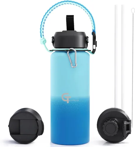 Vista 38 de Botella de agua para niños de 18 onzas, de acero inoxidable aislado con tapa con popote, 3 tapas, a prueba de fugas, mango de paracaídas, sin BPA