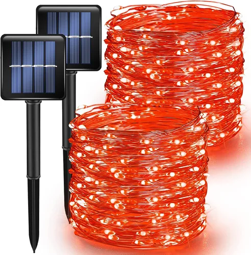 Vista 7 de Luces Solares de Halloween Moradas y Naranjas para Exteriores, Total 80 Pies 240 LED Solares Impermeables Luces de Hadas 8 Modos Luces de Alambre