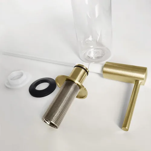 Vista 5 de EADOT Dispensador de jabón incorporado con cabezal de bomba de latón para fregadero de cocina en oro cepillado con recarga de botella de jabón de 17