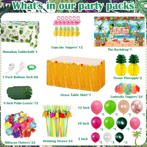 Vista 2 de Decoraciones de fiesta hawaiana Luau (161 unidades), suministros tropicales de verano para fiesta en la playa y piscina, incluyendo telón de fondo