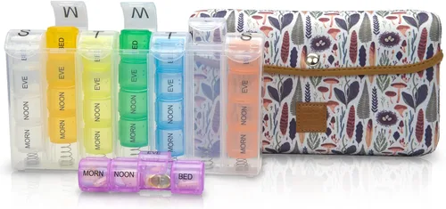 Vista 13 de Made Easy Kit Pastillero grande para 7 días/28 compartimentos en neopreno con pastillero de almacenamiento diario en la mañana, mediodía, víspera