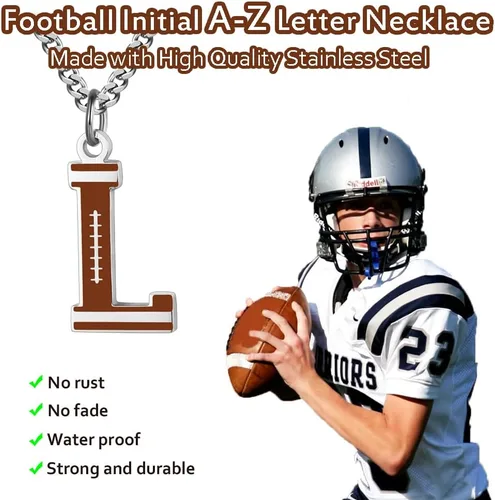 Vista 2 de AIAINAGI Collar con letra inicial de fútbol A-Z para niños, dije de fútbol americano, cadena de plata de acero inoxidable, regalo de fútbol