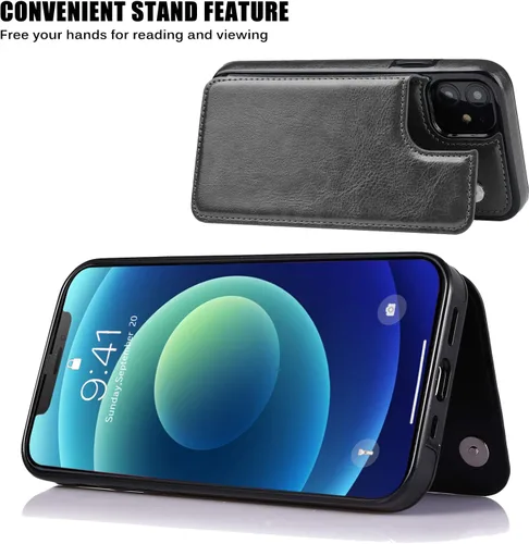 Vista 7 de Funda tipo cartera compatible con iPhone 12 Pro/12, funda protectora delgada con tarjetero, funda premium de cuero sintético con función atril