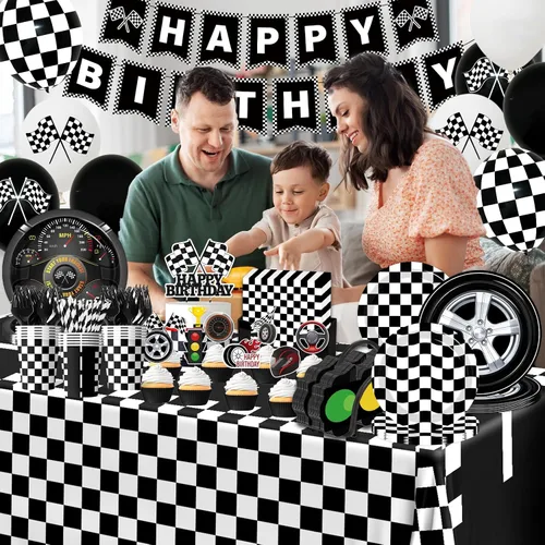 Vista 3 de Juego de vajilla de 187 piezas para decoración de fiesta de cumpleaños de coche de carreras, incluye platos de fiesta de autos de carreras