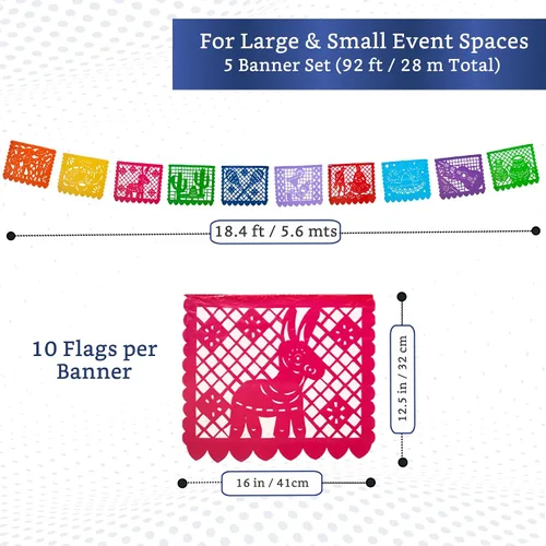 Vista 2 de Pancartas de fiesta mexicana (paquete de 5 con 10 banderas de plástico por bandera), papel picado mexicano para fiesta, papel picado de plástico