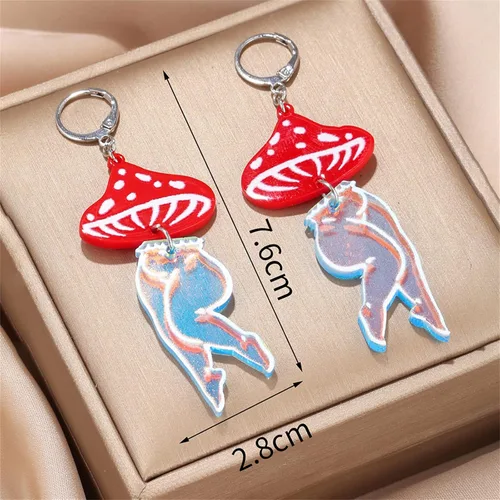 Vista 7 de Dreuyet Aretes de pierna de hongo exagerados divertidos para mujer, aretes retro de los años 80, aretes de personalidad bailarina, hermosas piernas