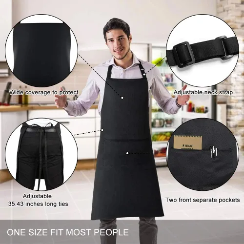 Vista 2 de Jubatus Paquete de 1 delantal con peto con 2 bolsillos, delantal de cocina de chef para mujeres y hombres, color negro