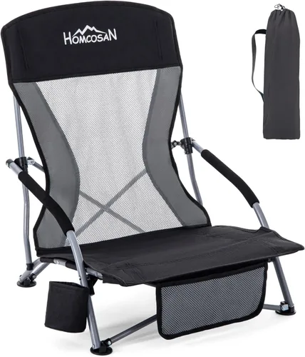 Vista 19 de Homcosan Silla de playa portátil baja plegable con paraguas desmontable, silla de campamento ligera para adultos con portavasos y bolsillo