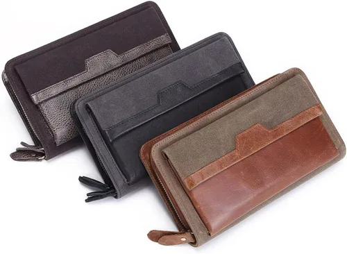 Vista 9 de SUMGOGO Billeteras para hombres y mujeres, bolso de mano para teléfono y tarjeteros, bolso vintage de lona de cuero auténtico, doble bolsillo
