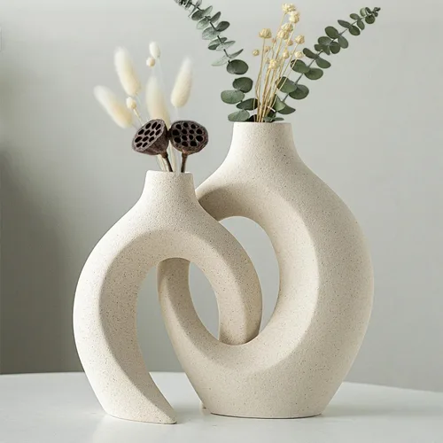Vista 10 de Levvohd XL Juego de 2 jarrones beige de cerámica para decoración moderna del hogar, jarrones huecos florales modernos de estilo bohemio ecléctico