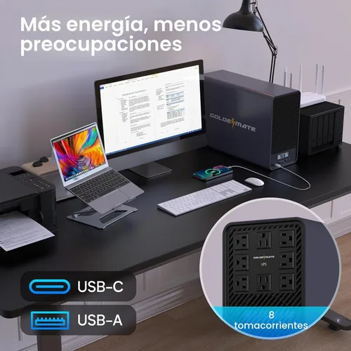 Vista 8 de GOLDENMATE 2000VA/1600W Litio UPS Respaldo de batería y protector contra Gris