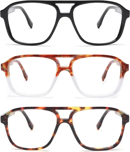 Vista 2 de JM Paquete de 3 lentes de lectura de aviador de gran tamaño para mujeres y hombres, retro cuadrados con luz azul para lectura de computadora