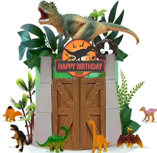Vista 3 de Decoración para tartas de dinosaurios con puerta de parque de dinosaurios