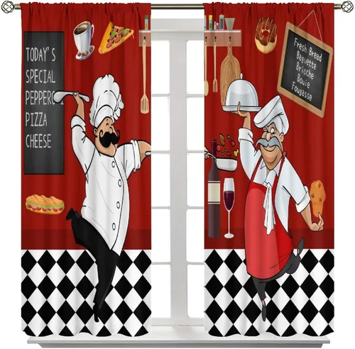 Vista 2 de Cortinas de cocina de chef, cortinas de cocina con tema de cocinero gordo para dormitorio, sala de estar, juego de 2 paneles de cortina de cocina a