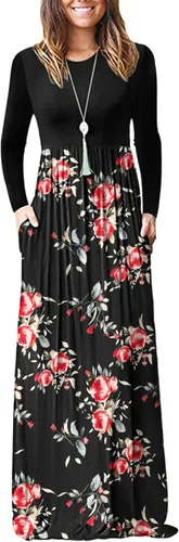 Vista 35 de Vestido de manga larga para mujer, holgado, liso, largo, estilo informal, con bolsillos. 01-verde militar